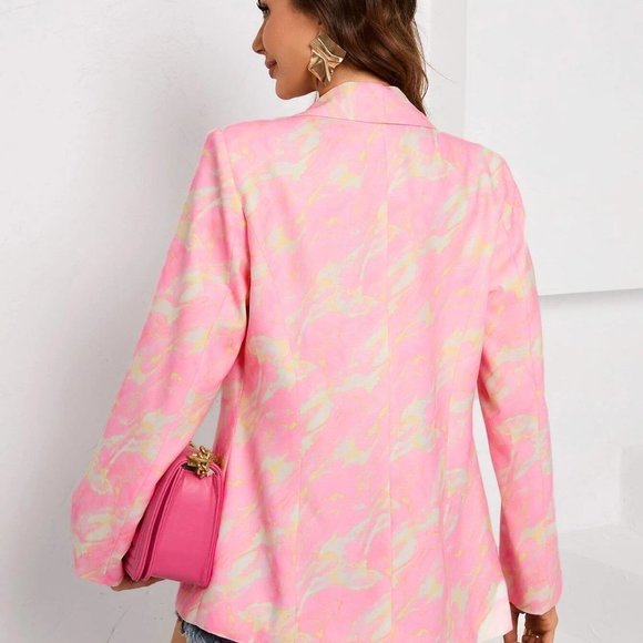Chic Pink Womens Tie Dye Shawl Collar Single Button Blazer - Picture 2 of 5